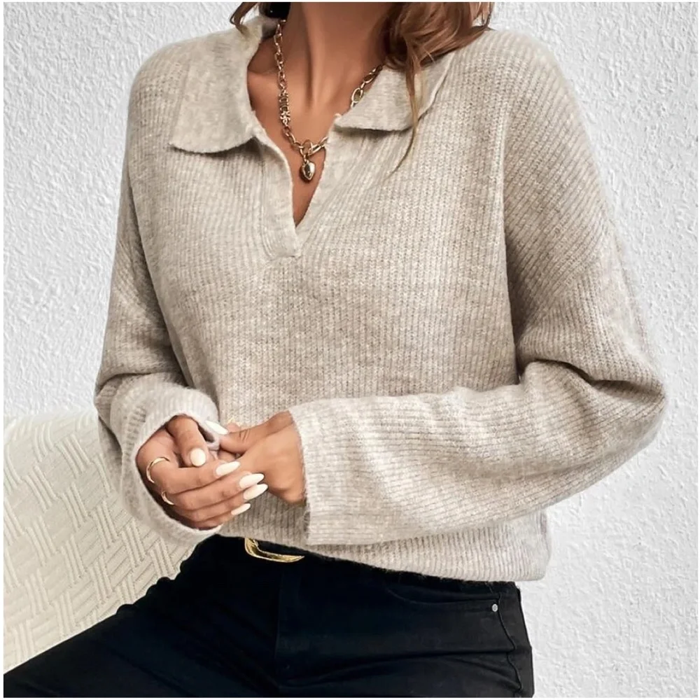 Solid Notched neck Oversized Sweater Top - Picture 9 of 9